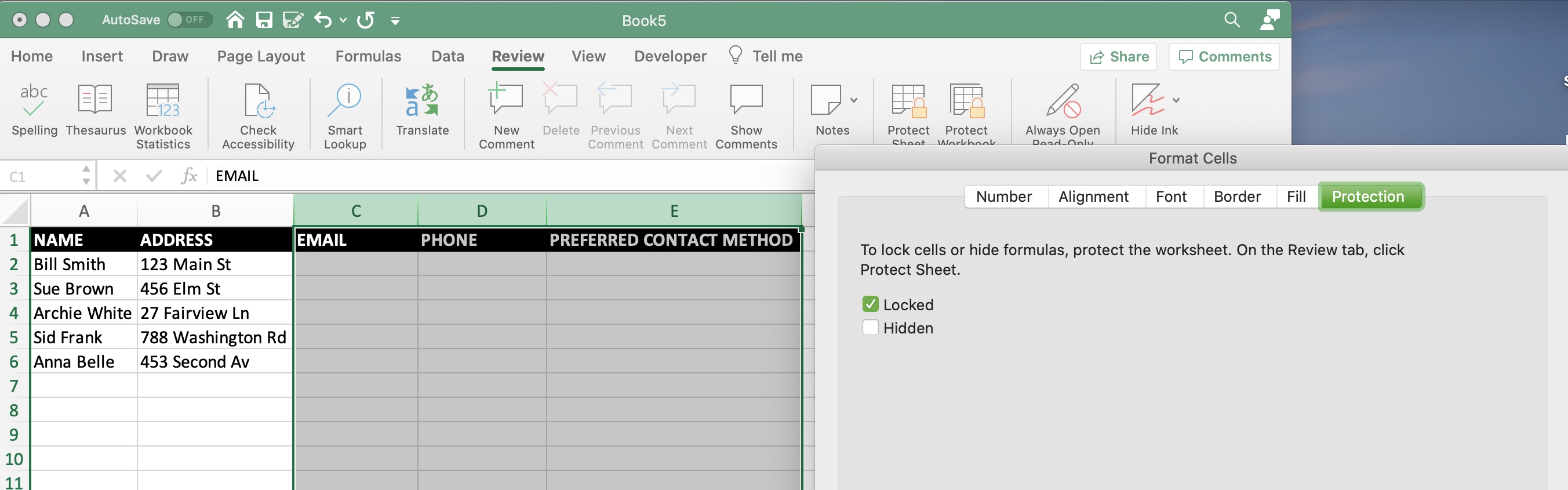 lock in cell in excel for mac